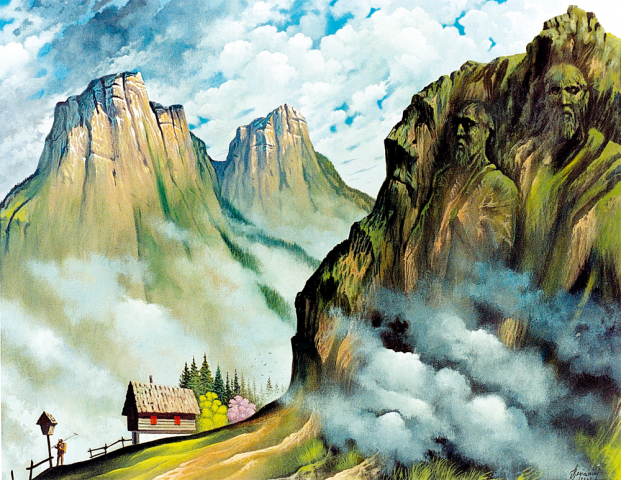 REALTÀ MAGICA- La montagna scolpita - 1995  Acrilico su tavola - cm 100x80