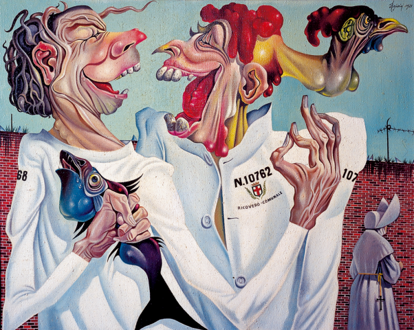 RICOVERO COMUNALE - Il racconto della barzelletta - 1977 Olio su tela - cm 100x80